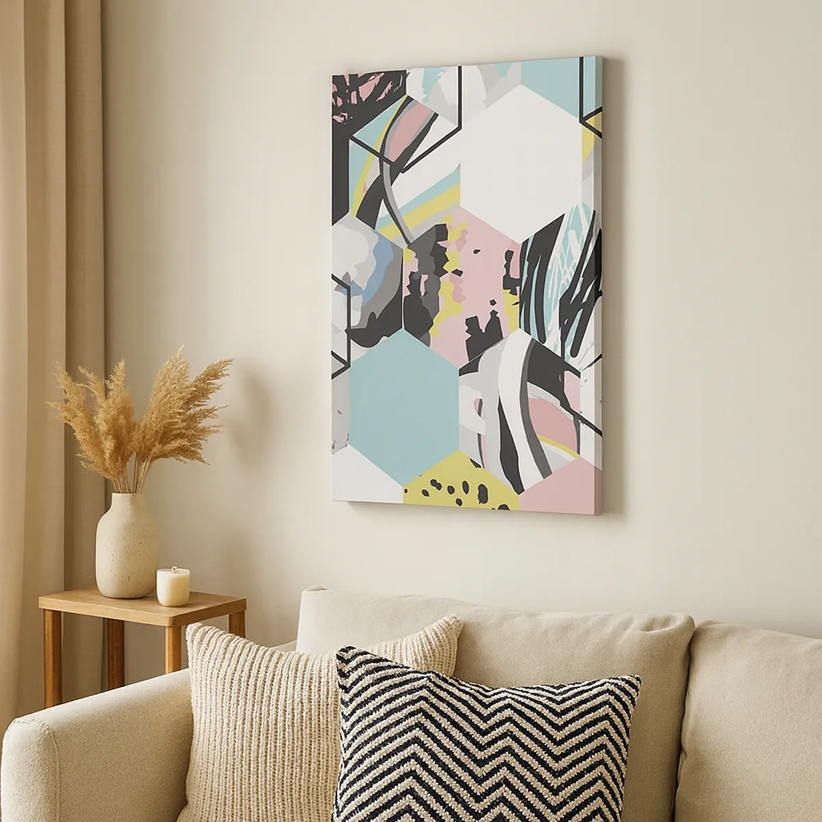 Lærredstryk - Billede på lærred - Sekskanter og terninger i seks farver - 50x70 cm