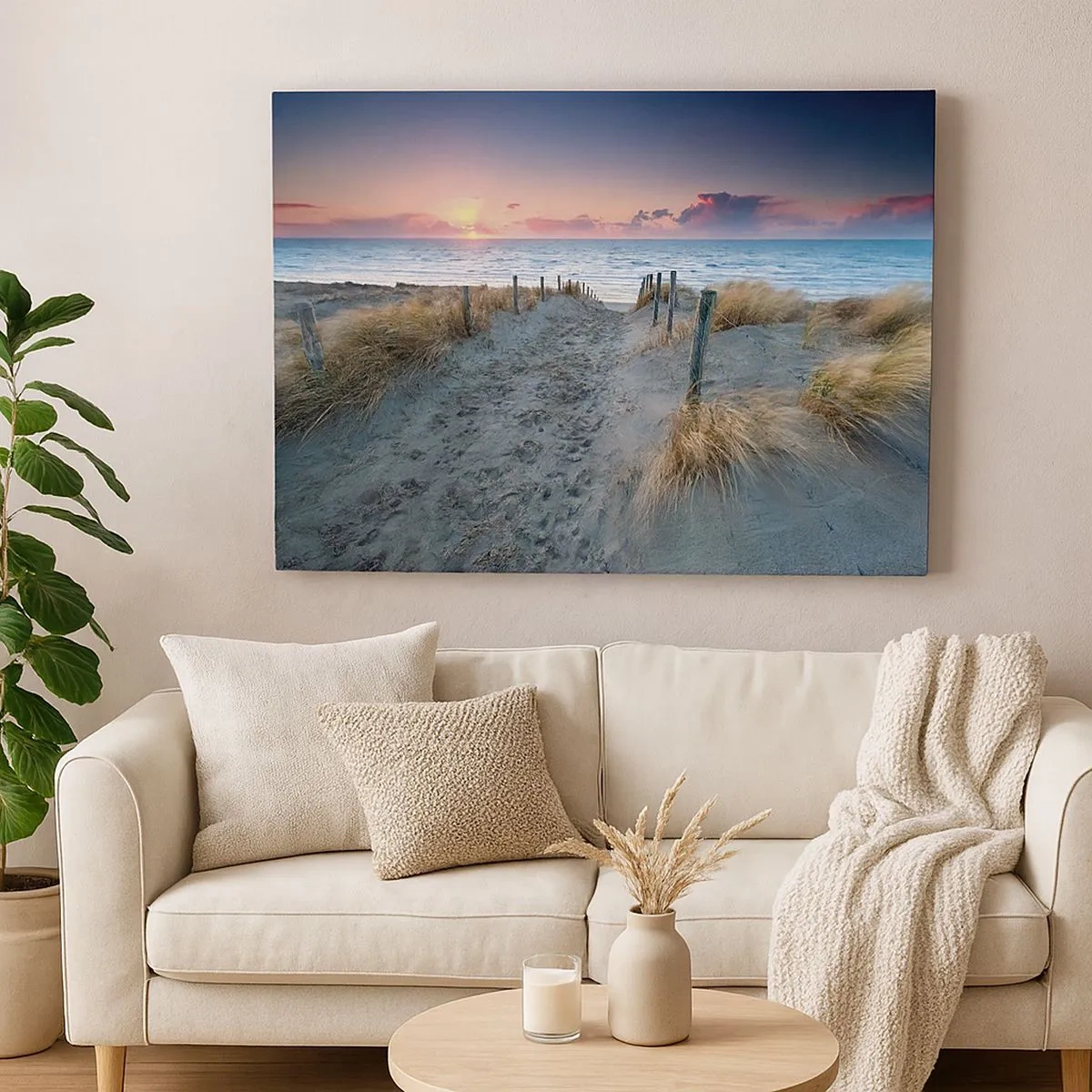 Lærredstryk - Billede på lærred - Stien, der fører til stranden ved solnedgang - 70x50cm - Du har udgydt en regnbue af strålende pragt.... - Moderne vægdekoration til stue og soveværelse ARTTOR
