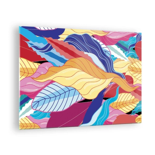 Billede på glas - Farverige abstrakte blade på en glasbaggrund - 70x50cm - Et farverigt rod - Moderne vægdekoration til stue og soveværelse ARTTOR