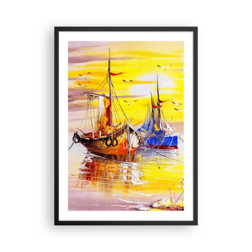 Plakat i sort ramme - Farverige sejlbåde ved solnedgang - 50x70cm - Et velfortjent hvil i havnen - Moderne vægdekoration til stue og soveværelse ARTTOR