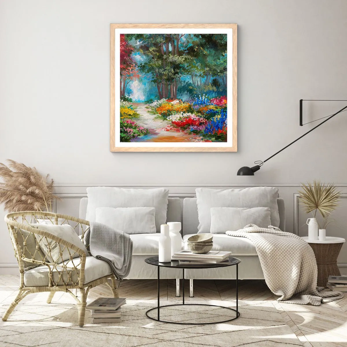 Plakat i ramme af lyst egetræ - Skovhave, blomsterskov - 60x60 cm