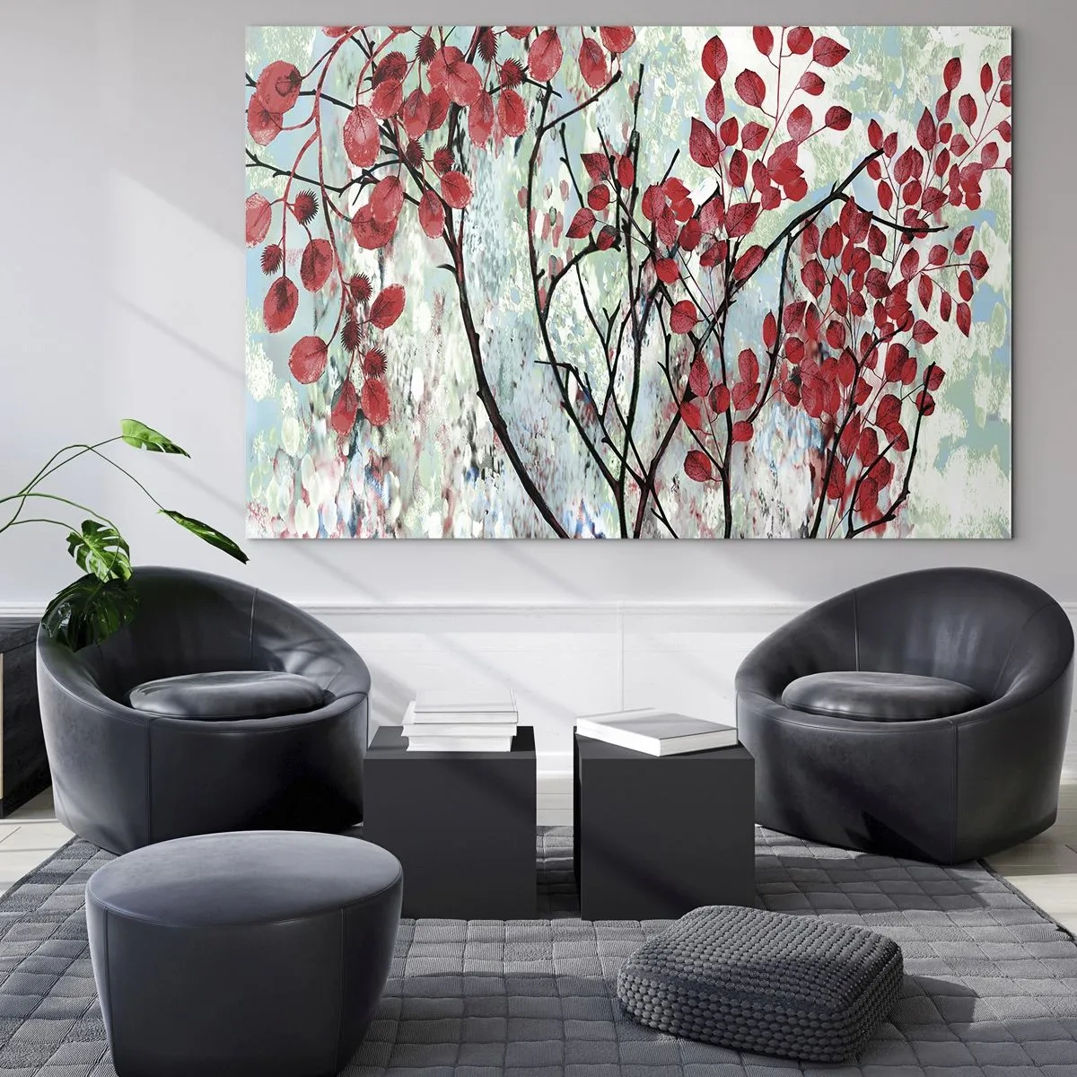 Billede på glas - Grene med røde blade på en malet baggrund - 70x50cm - Træ i skarlagenrødt - Moderne vægdekoration til stue og soveværelse ARTTOR