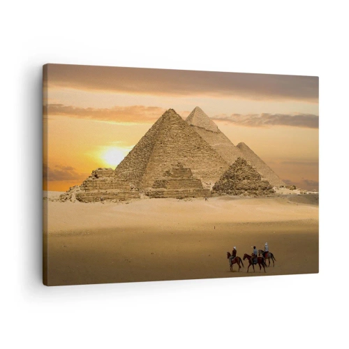 Lærredstryk - Billede på lærred - Pyramider i Egypten ved solnedgang med ryttere på heste - 70x50cm - Uændret i tusindvis af år - Moderne vægdekoration til stue og soveværelse ARTTOR