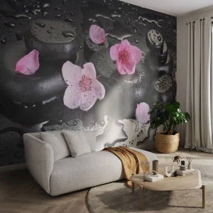 Fototapet på mål Premium Sand - Og stenen falder fra hjertet - Blomster, Asien, Spa