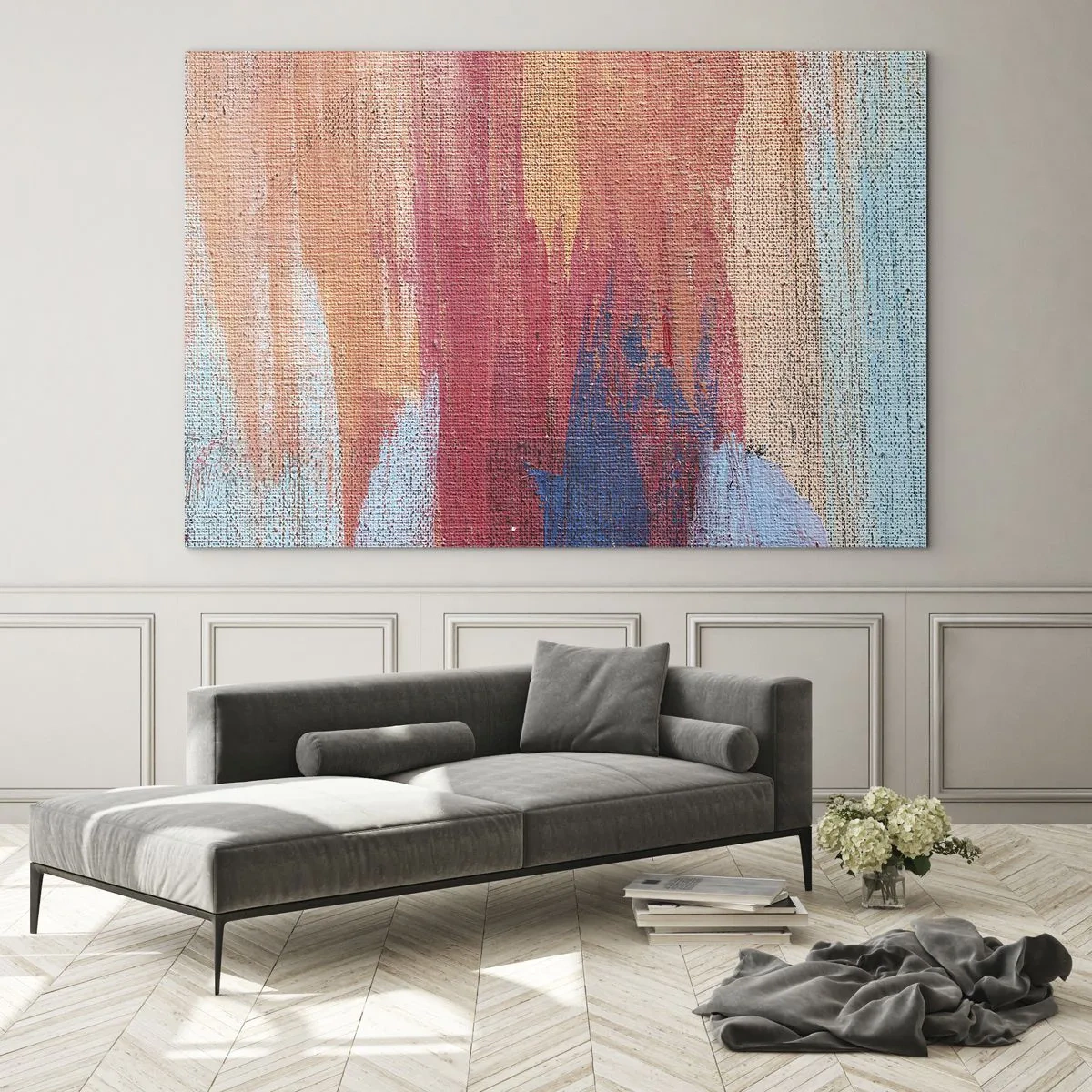 Billede på glas - Farverige striber af maling på lærredsstrukturen - 70x50cm - Lad en regnbue flyde - Moderne vægdekoration til stue og soveværelse ARTTOR