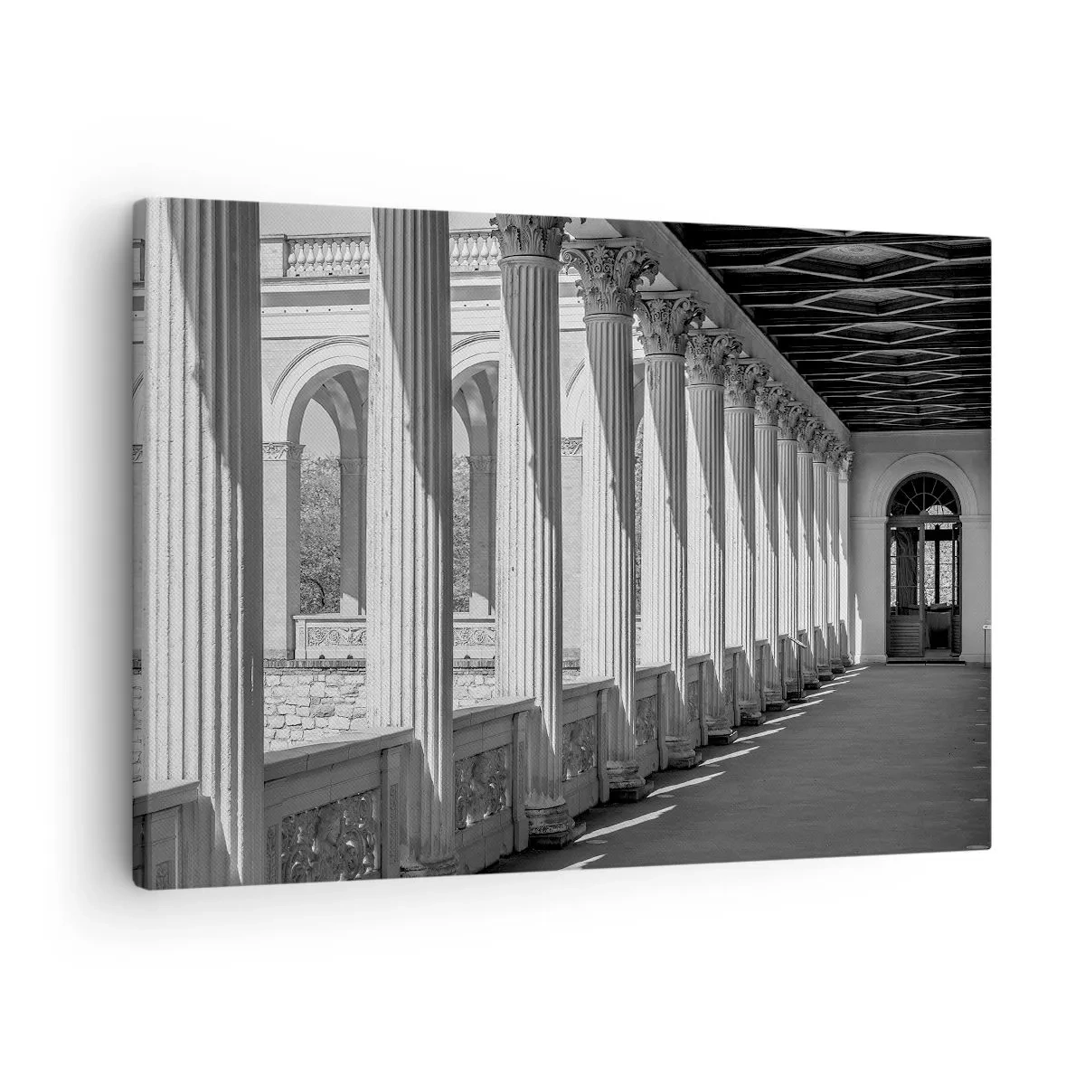 Lærredstryk - Billede på lærred - Klassisk stil kolonnade i sort og hvid - 70x50cm - Solrig arkade - Moderne vægdekoration til stue og soveværelse ARTTOR