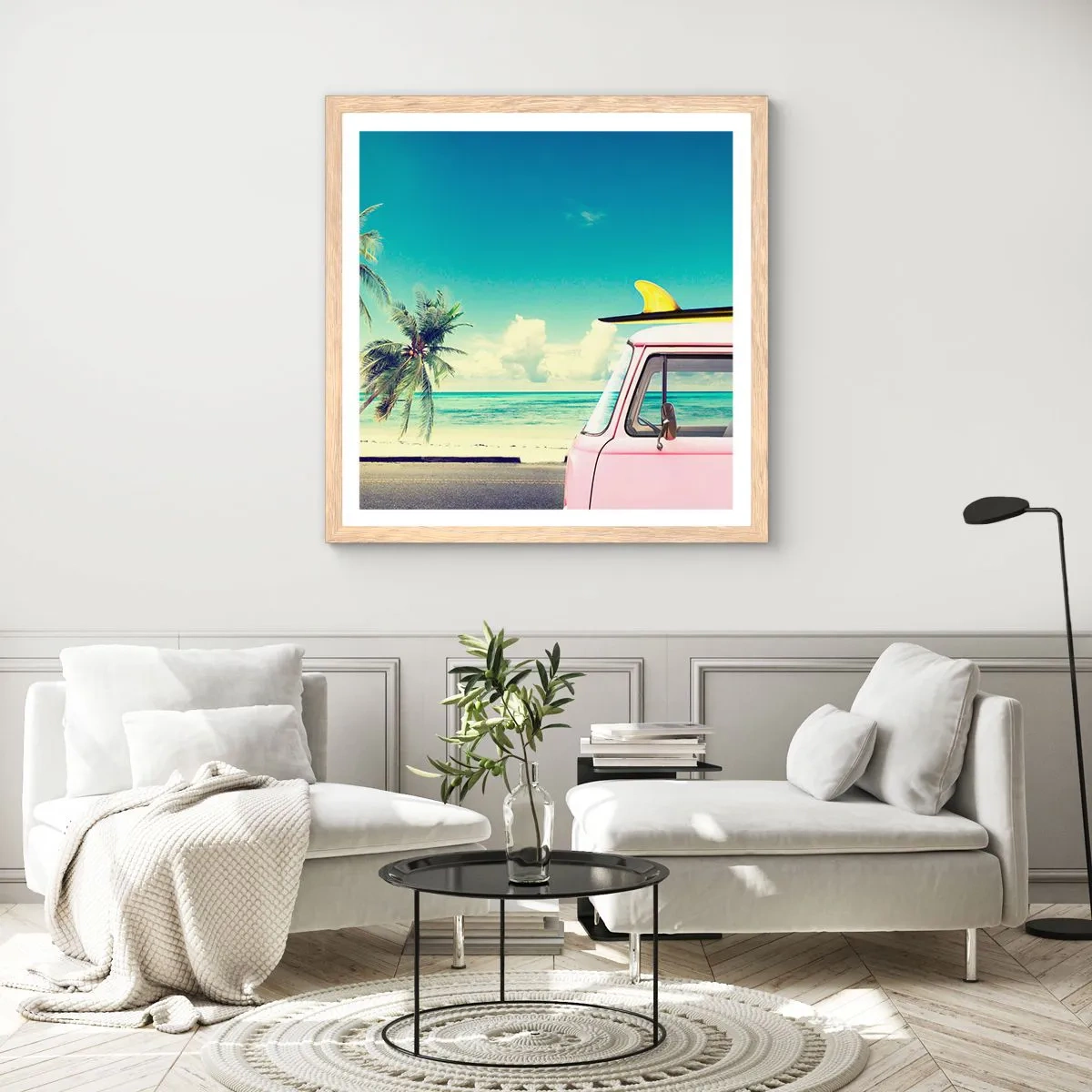 Plakat i ramme af lyst egetræ - Ferietid til at starte - 60x60 cm