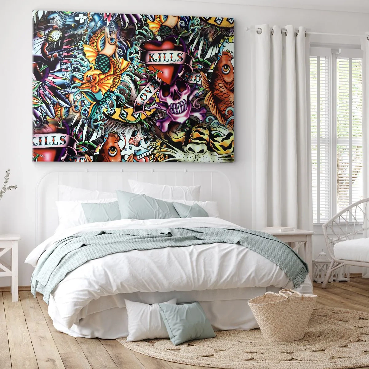 Lærredstryk - Billede på lærred - Farverigt tatoveringskunstværk med kranier og nautiske motiver - 70x50cm - En tatovørers drøm - Moderne vægdekoration til stue og soveværelse ARTTOR