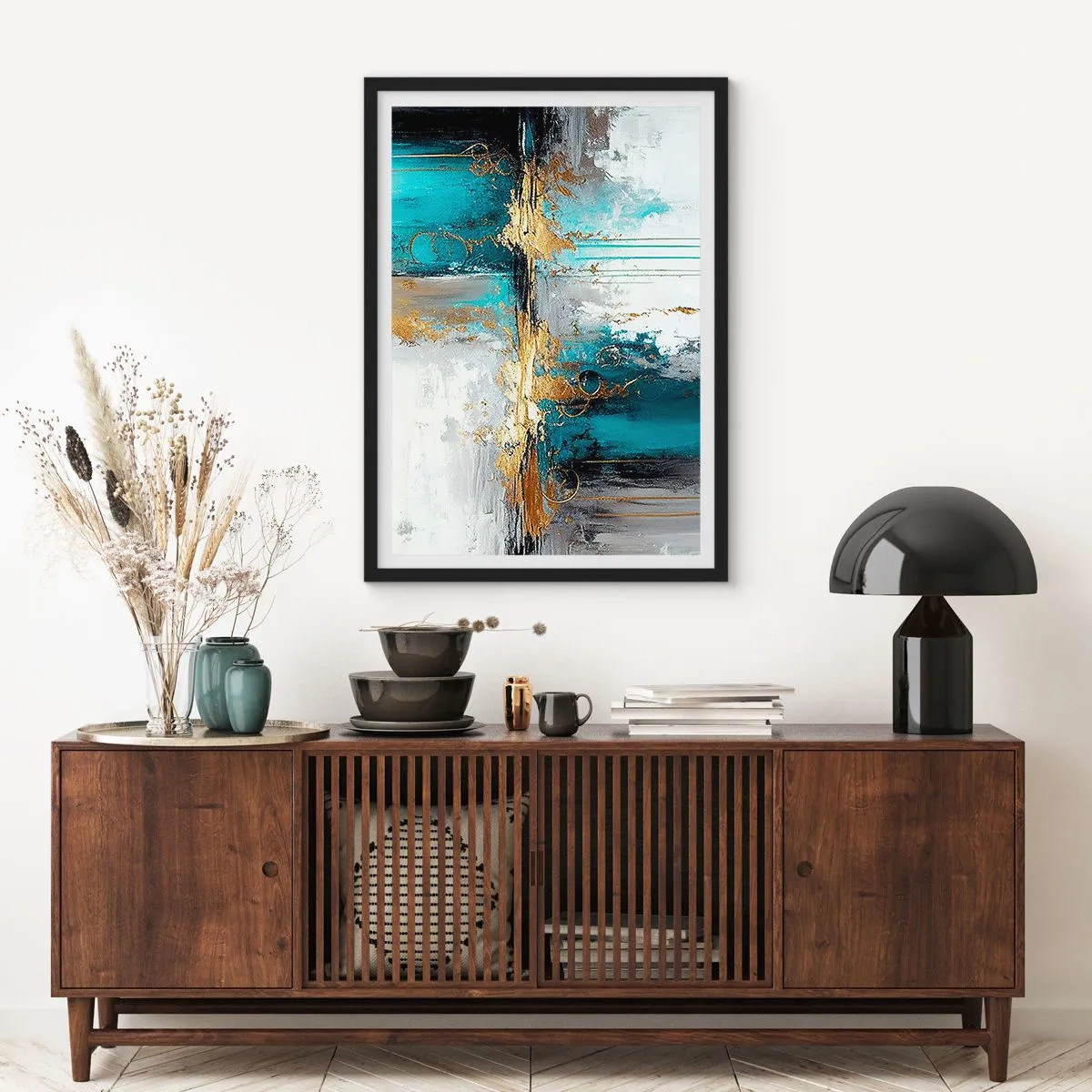 Plakat i sort ramme - En abstrakt komposition i nuancer af turkis og guld. - 50x70cm - Alting flyder - Moderne vægdekoration til stue og soveværelse ARTTOR