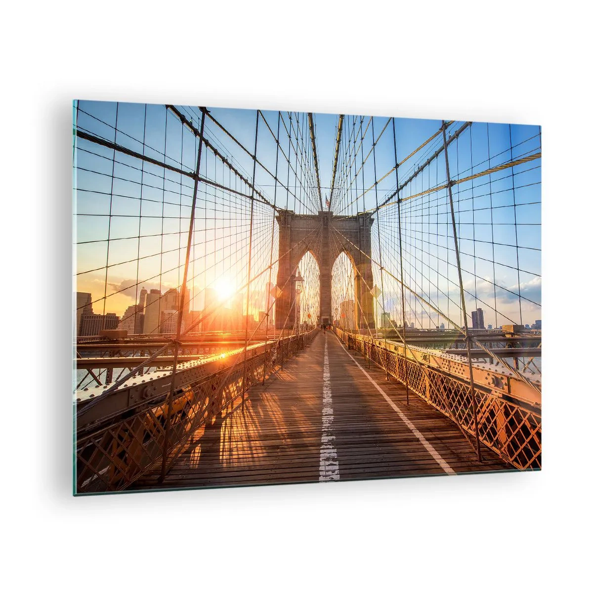 Billede på glas - Solnedgang på Brooklyn Bridge i New York - 70x50cm - På den gyldne bro - Moderne vægdekoration til stue og soveværelse ARTTOR