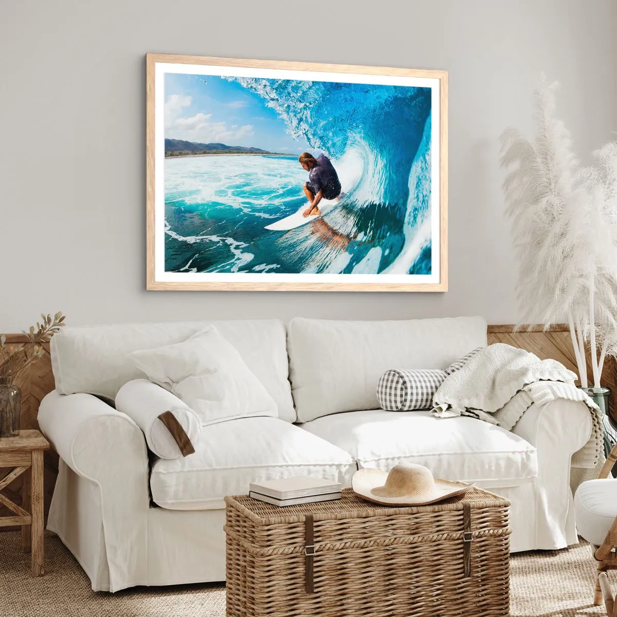Plakat i ramme af lyst egetræ - Danser med bølgerne - 100x70 cm