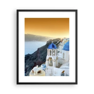 Plakat i sort ramme - Santorini - omfavnet af klipperne - 40x50 cm