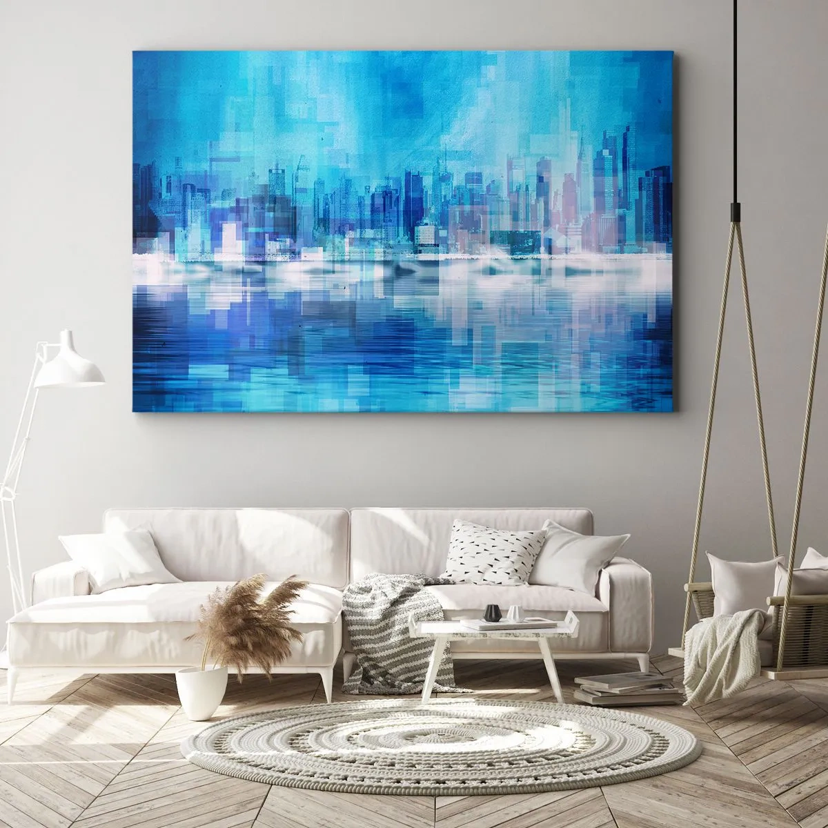 Lærredstryk - Billede på lærred - Abstrakt bypanorama i blå nuancer - 70x50cm - Sænket i blåt - Moderne vægdekoration til stue og soveværelse ARTTOR
