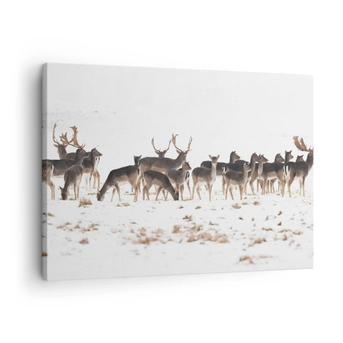 Lærredstryk - Billede på lærred - En flok hjorte mod en snedækket baggrund - 70x50cm - Er det snart jul? - Moderne vægdekoration til stue og soveværelse ARTTOR