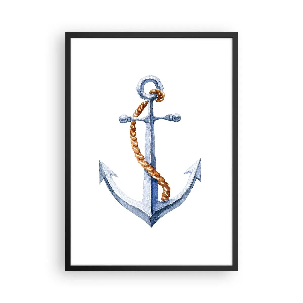 Plakat i sort ramme - Anker med reb i akvarelstil - 50x70cm - Ahoj eventyr! - Moderne vægdekoration til stue og soveværelse ARTTOR