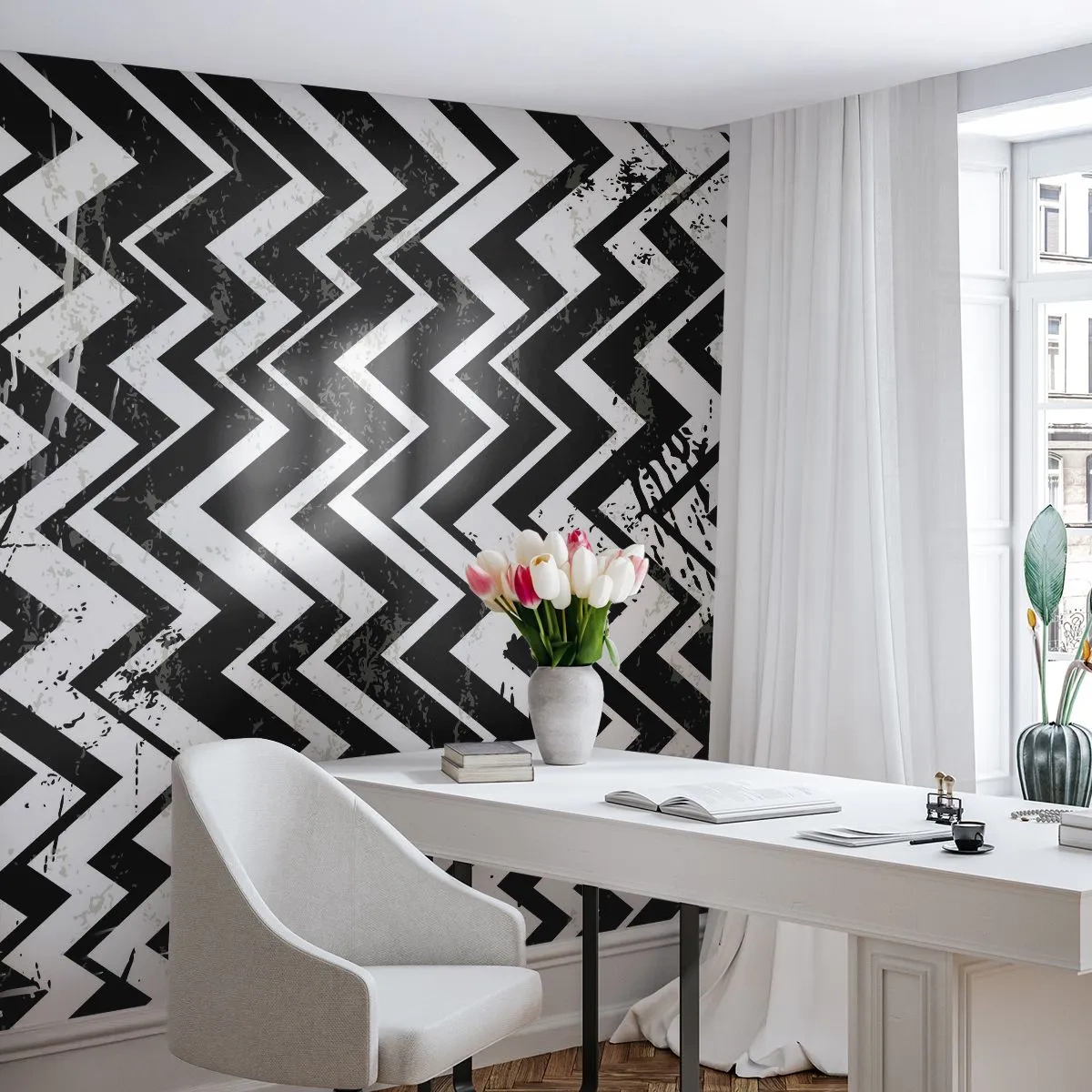 Fototapet Standard Eco - Zig-hvid, zag-sort - Abstraktion, Stykke, Sort og hvid - 400x280 cm