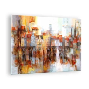 Billede på glas - Farverigt bypanorama med en bro og spejling i vandet - 70x50cm - Under broen også smuk - Moderne vægdekoration til stue og soveværelse ARTTOR