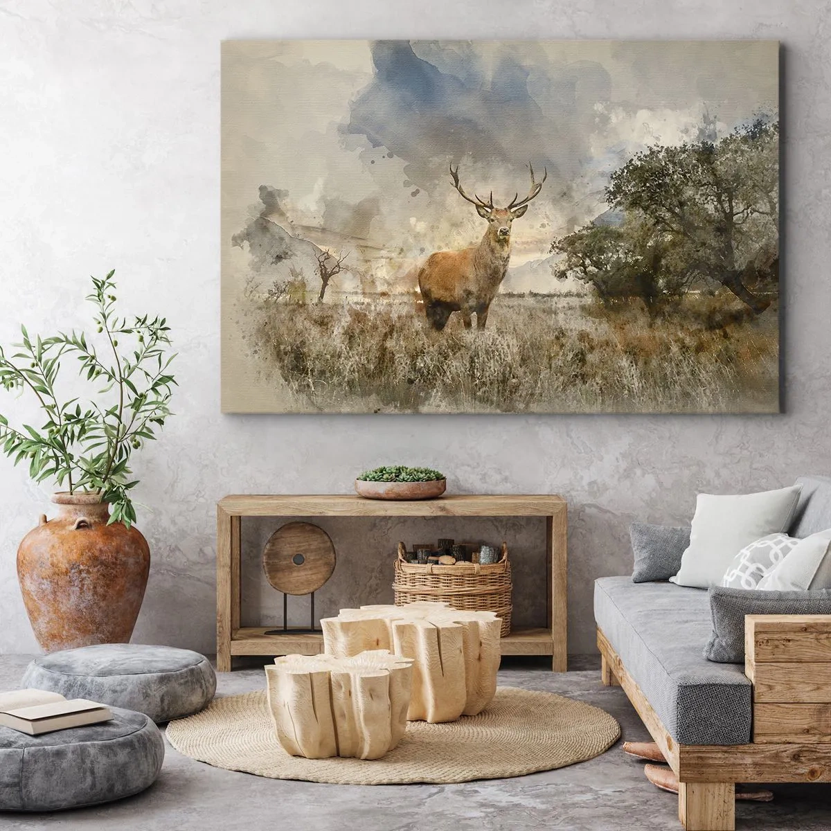 Lærredstryk - Billede på lærred - En hjort i naturlige omgivelser i akvarelstil - 70x50cm - Værdighed - styrke - værdighed - Moderne vægdekoration til stue og soveværelse ARTTOR