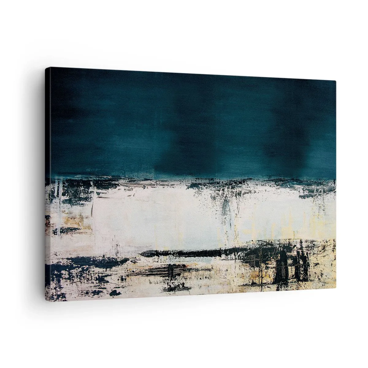 Lærredstryk - Billede på lærred - Abstrakt horisontal komposition i nuancer af marineblå og hvid - 70x50cm - Vandret sammensætning - Moderne vægdekoration til stue og soveværelse ARTTOR