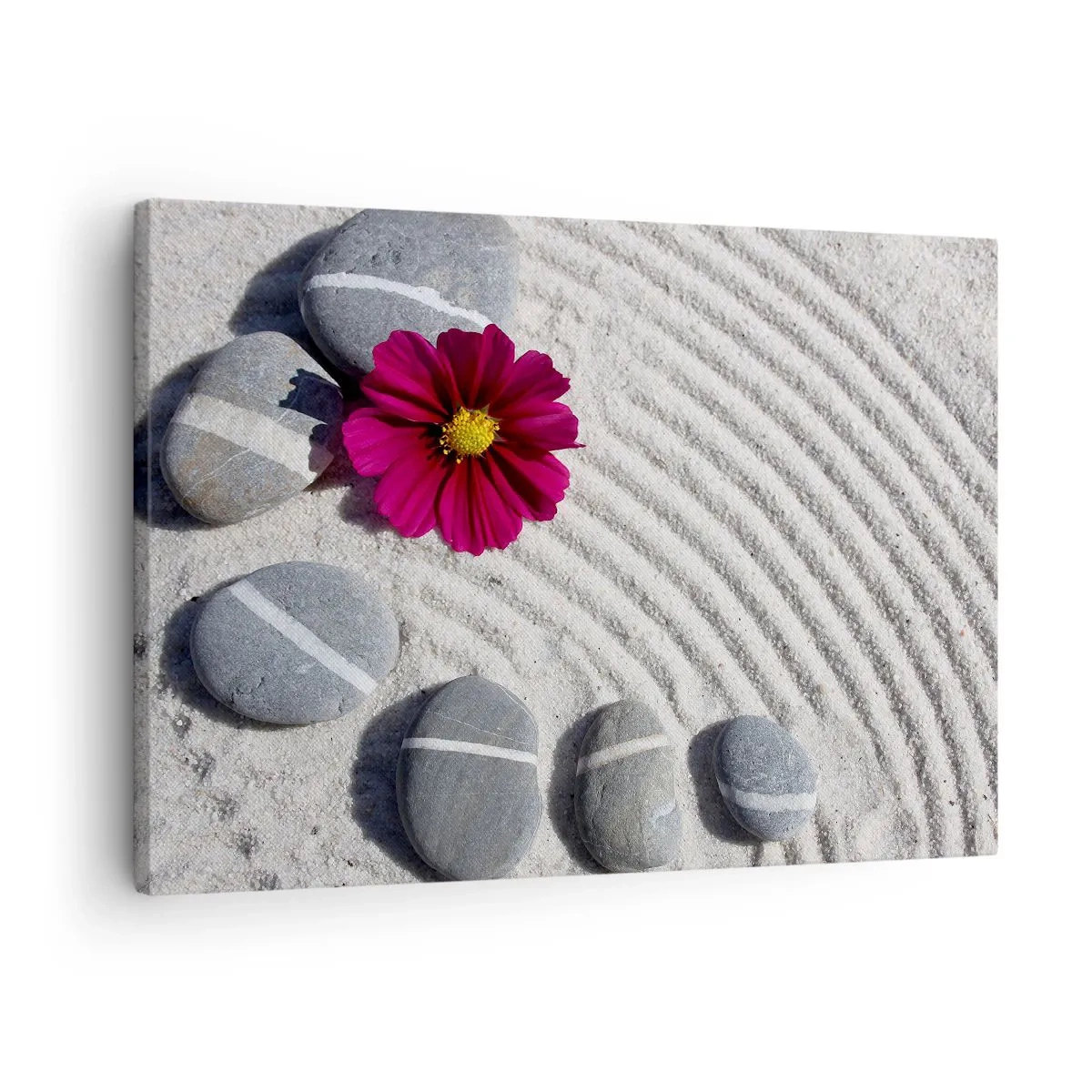 Lærredstryk - Billede på lærred - Sten og en lyserød blomst på sandet i zen-stil - 70x50cm - Energi og ro i den magiske naturcirkel - Moderne vægdekoration til stue og soveværelse ARTTOR