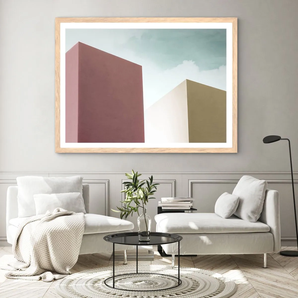 Plakat i ramme af lyst egetræ - Geometri af en solrig sommer - 100x70 cm