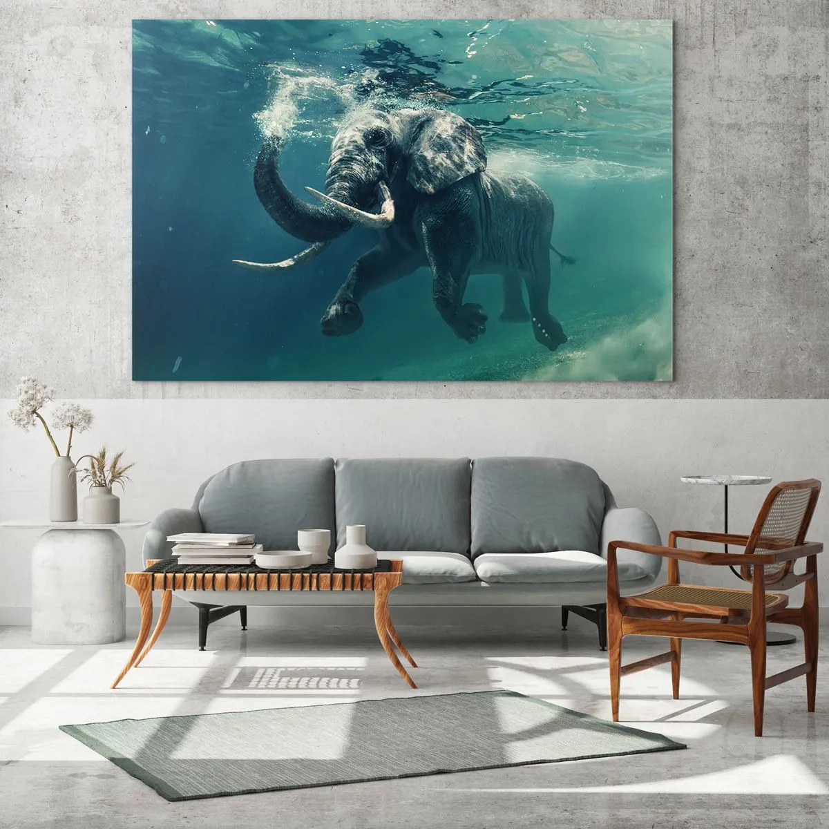 Billede på glas - En elefant, der svømmer under vandet i det blå hav - 70x50cm - Alle kan lide at svømme - Moderne vægdekoration til stue og soveværelse ARTTOR