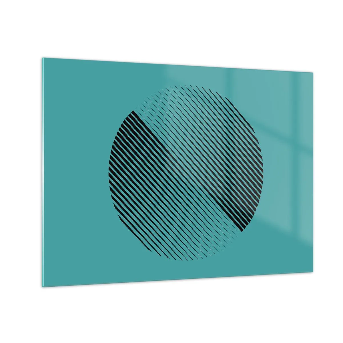 Billede på glas - Sorte linjer, der danner en cirkel på en turkis baggrund - 70x50cm - Cirklen - en geometrisk variation - Moderne vægdekoration til stue og soveværelse ARTTOR