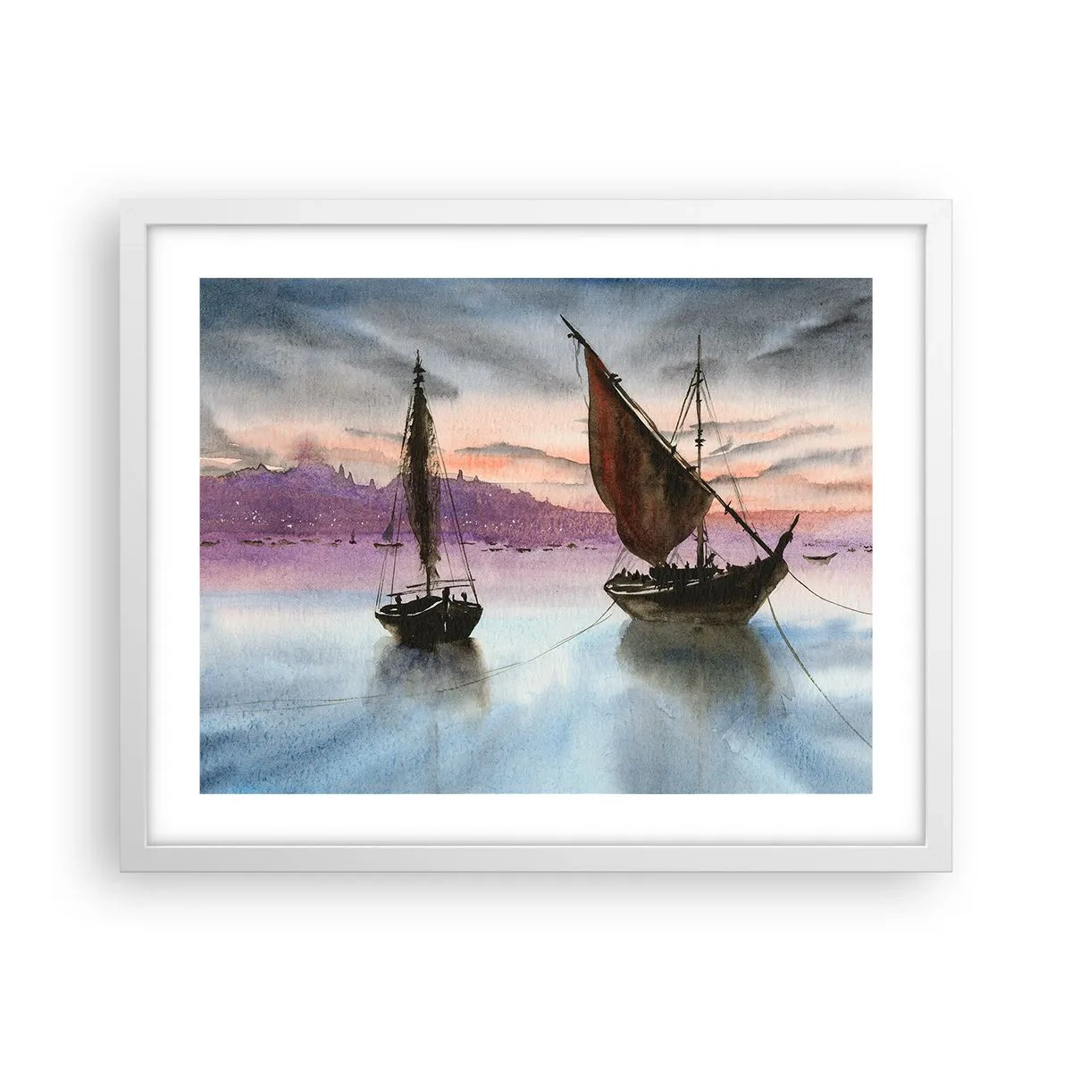 Plakat i hvid ramme - Aften i havnen - 50x40 cm