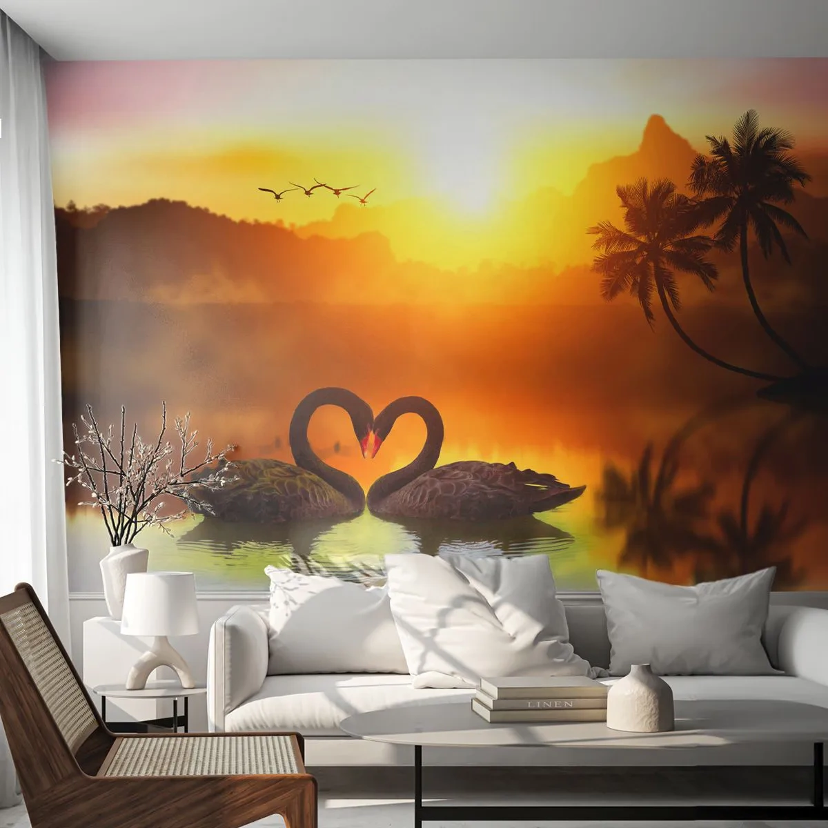 Fototapet Premium Sand - Alt til parring - Hjerte, Svaner, Kokospalme - 100x70 cm