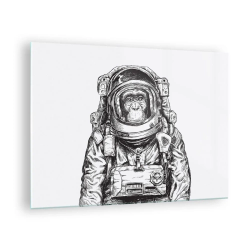 Billede på glas - Skitse af en abe i en astronautdragt på en hvid baggrund - 70x50cm - Alternativ evolution - Moderne vægdekoration til stue og soveværelse ARTTOR