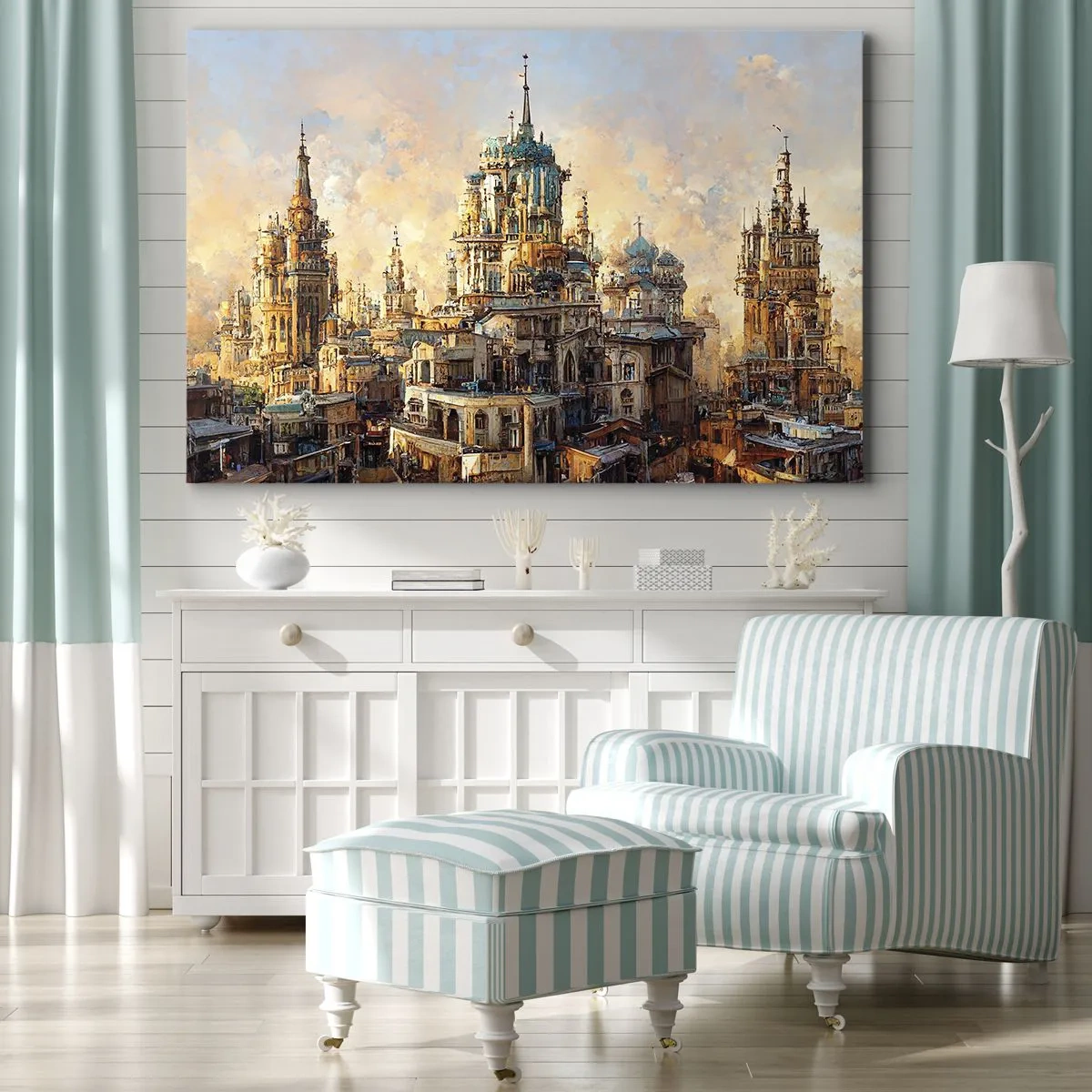 Lærredstryk - Billede på lærred - Arkitektoniske tårne i den nedgående sols stråler - 70x50cm - En by af byer - Moderne vægdekoration til stue og soveværelse ARTTOR