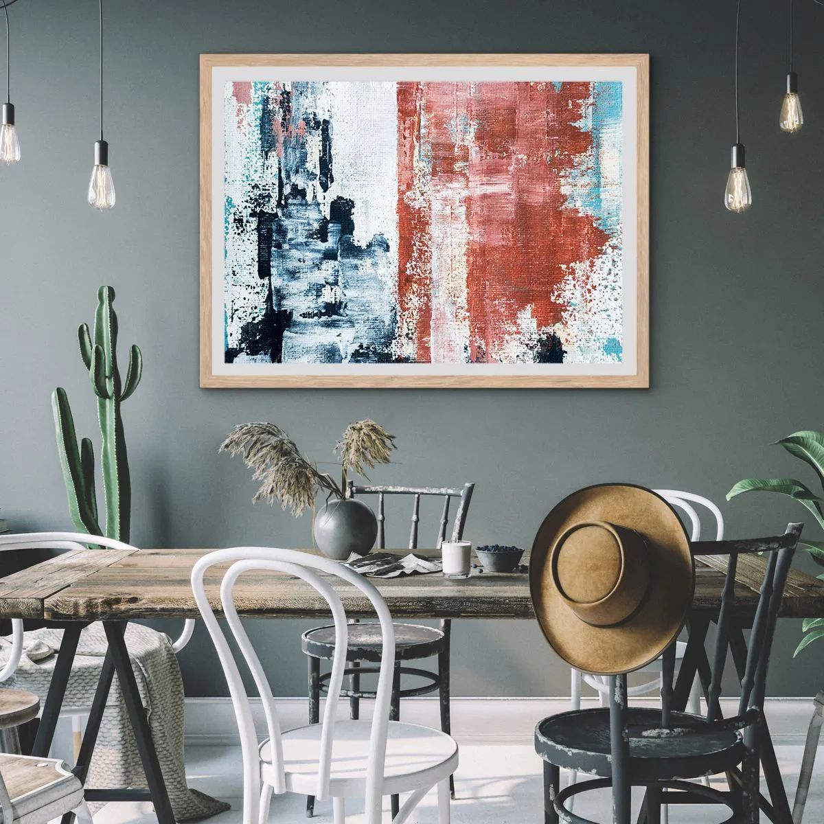 Plakat i ramme af lyst egetræ - Abstrakt halvt og halvt - 100x70 cm