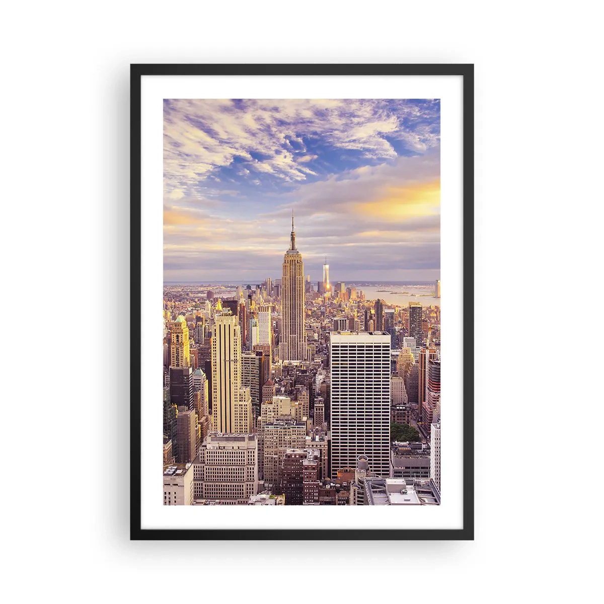 Plakat i sort ramme - Panorama over New York City fra Empire State Building ved solnedgang - 50x70cm - Ræk ud efter skyerne selv - Moderne vægdekoration til stue og soveværelse ARTTOR