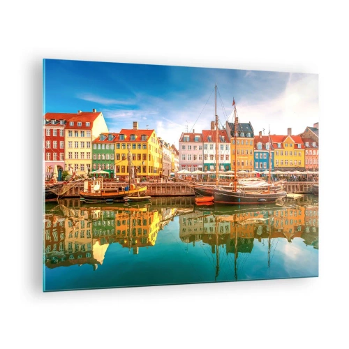 Billede på glas - Farverige huse på kanalen med refleksioner i vandet - 70x50cm - Over vand så glat som et spejl - Moderne vægdekoration til stue og soveværelse ARTTOR