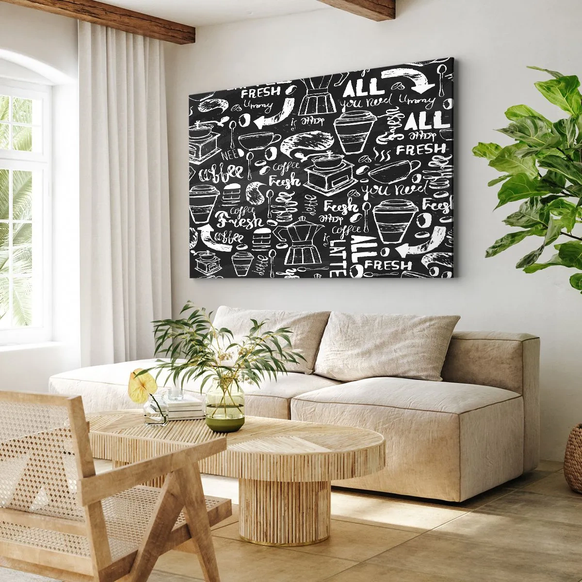 Lærredstryk - Billede på lærred - Stilfuld kaffegrafik på en sort baggrund - 70x50cm - All you need is… - Moderne vægdekoration til stue og soveværelse ARTTOR