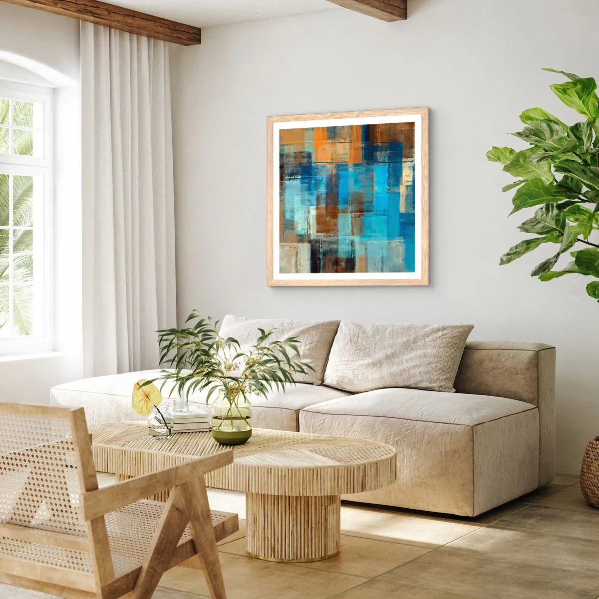 Plakat i ramme af lyst egetræ - Gennem det blå slør - 60x60 cm