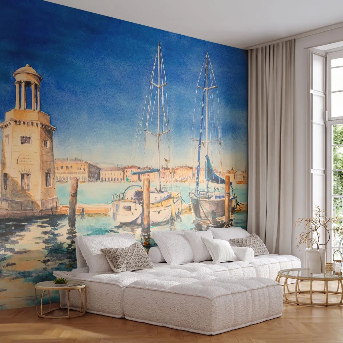 Fototapet Premium Canvas - Solrig lagune - Havn, Landskab, Fyrtårn - 200x140 cm