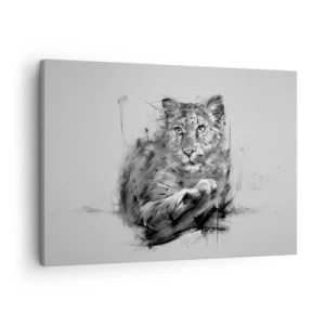 Lærredstryk - Billede på lærred - Sort-hvidt portræt af en løve i en kunstnerisk stil med dynamiske penselstrøg. - 70x50cm - Ja, jeg lytter godt efter - Moderne vægdekoration til stue og soveværelse ARTTOR