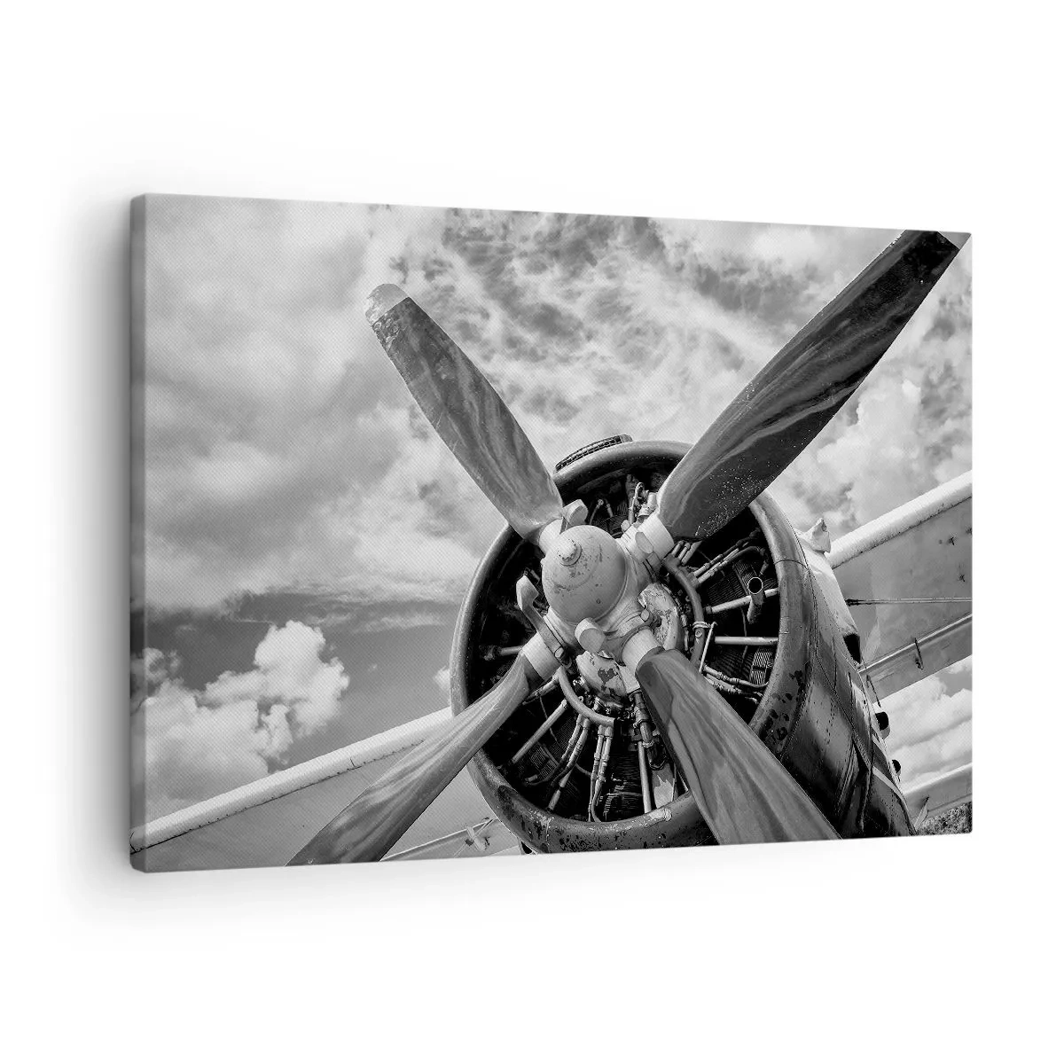 Lærredstryk - Billede på lærred - Et sort-hvidt foto af en flypropel mod en dynamisk himmel. - 70x50cm - Himmelens erobrer - Moderne vægdekoration til stue og soveværelse ARTTOR