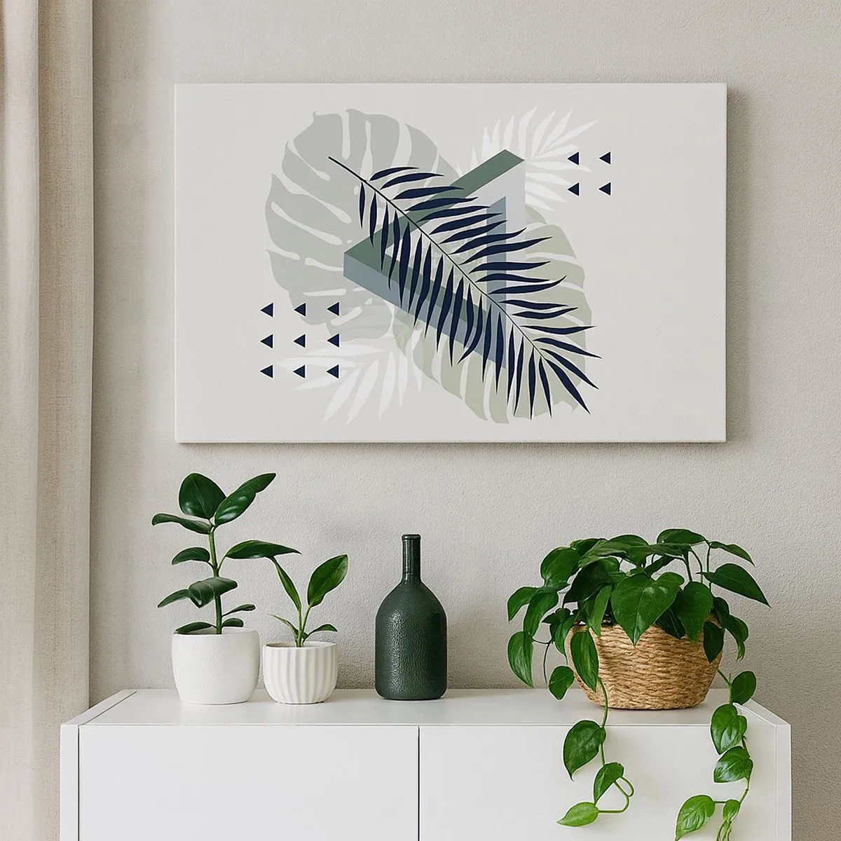 Lærredstryk - Billede på lærred - Geometrisk komposition med tropiske blade i grønne nuancer - 70x50cm - Natur og geometri - to ordener? - Moderne vægdekoration til stue og soveværelse ARTTOR