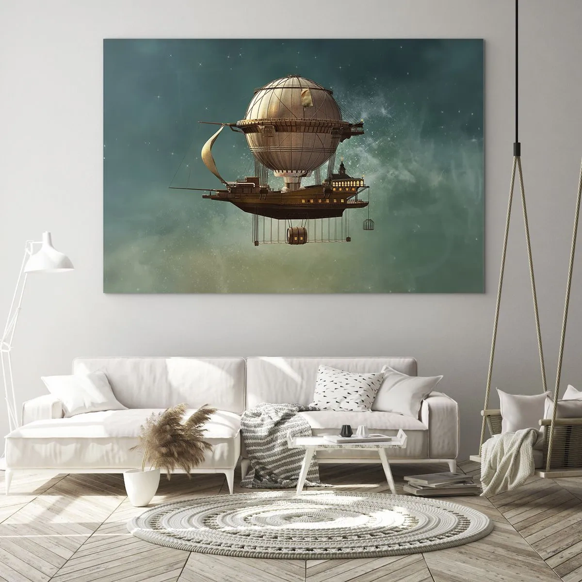Billede på glas - Et flyvende luftskib med et hus i retrostil på himlen - 70x50cm - Jules Verne hilser - Moderne vægdekoration til stue og soveværelse ARTTOR