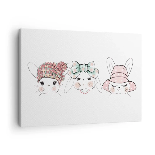 Lærredstryk - Billede på lærred - Yndige kaniner i pastelfarvet hovedbeklædning - 70x50cm - Eftertænksom, trist, glad - Moderne vægdekoration til stue og soveværelse ARTTOR