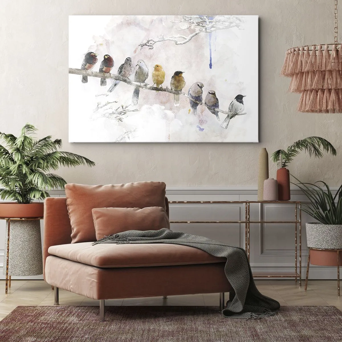 Lærredstryk - Billede på lærred - Farverige fugle på en gren i akvarelstil - 70x50cm - Møde med vinger - Moderne vægdekoration til stue og soveværelse ARTTOR