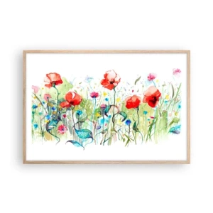 Plakat i ramme af lyst egetræ - En blomstrende eng i maj - 91x61 cm