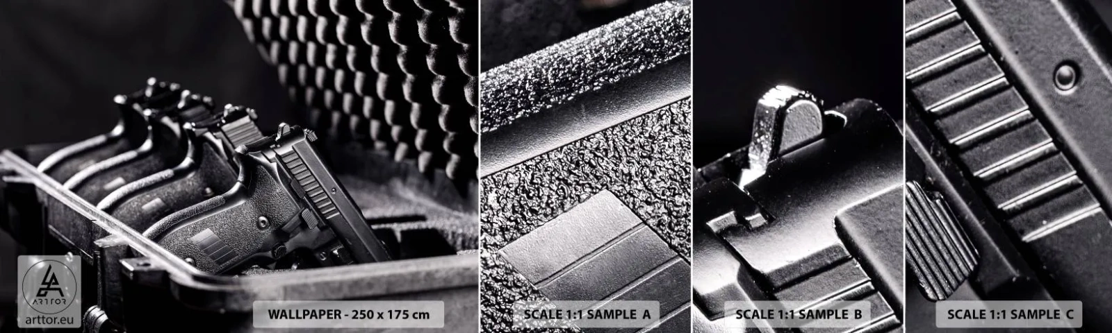 Prøve Fototapet Selvklæbende Deluxe Sticker - Sport for mænd - Militær, Våben, Pistol - 100x30 cm