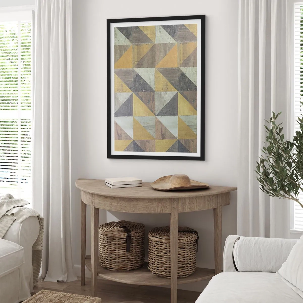 Plakat i sort ramme - Geometrisk mønster i nuancer af guld og grå - 50x70cm - Ved trekantens vinkel - Moderne vægdekoration til stue og soveværelse ARTTOR