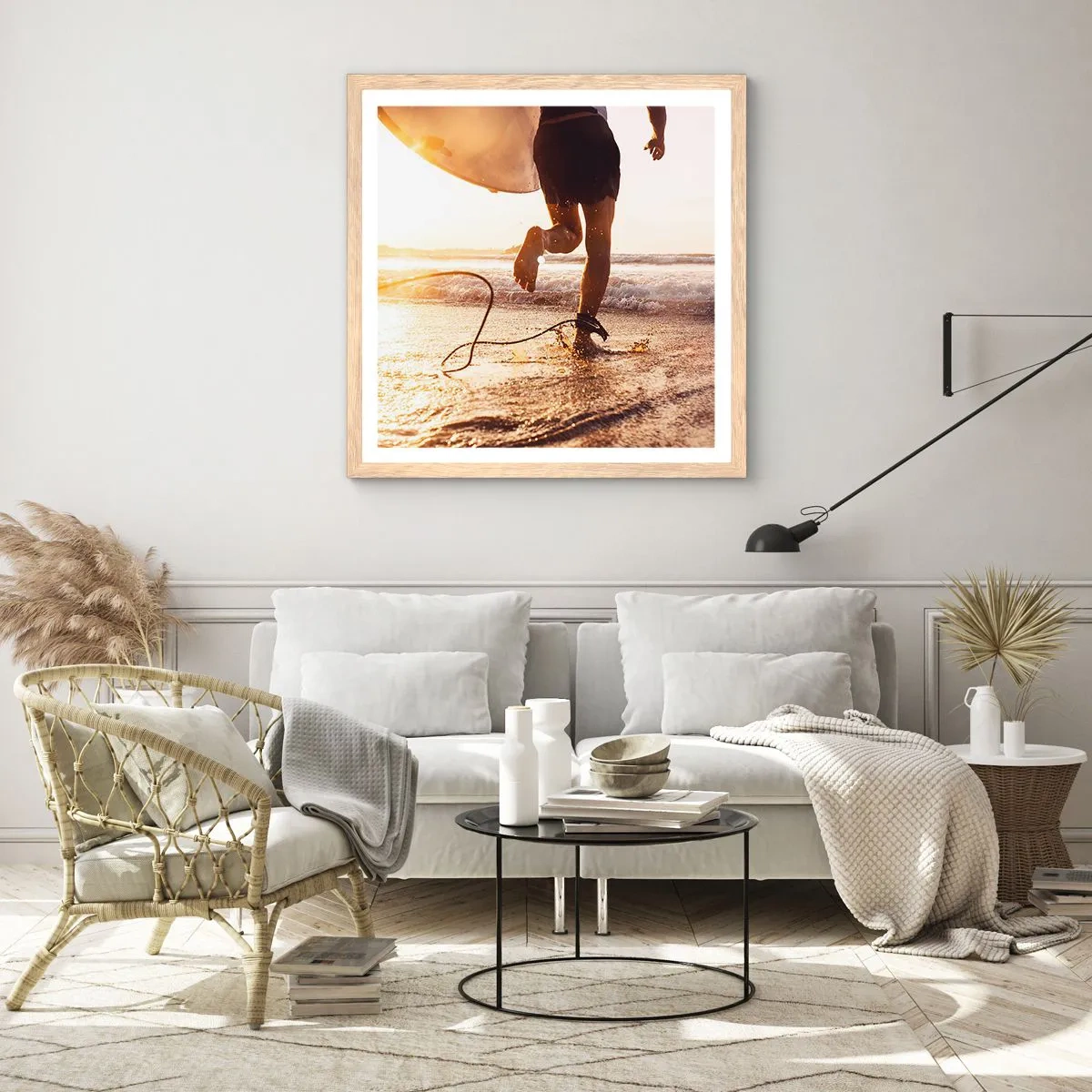 Plakat i ramme af lyst egetræ - For at møde bølgen - 60x60 cm