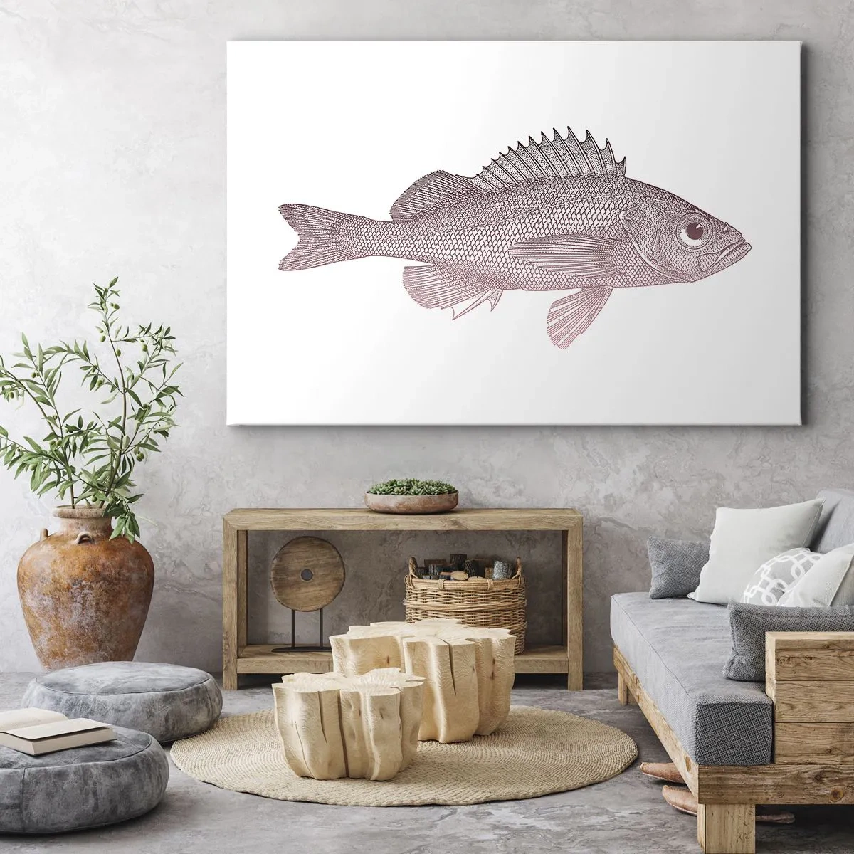 Lærredstryk - Billede på lærred - Detaljeret illustration af en fisk på en hvid baggrund - 70x50cm - Fisk med store øjne - Moderne vægdekoration til stue og soveværelse ARTTOR