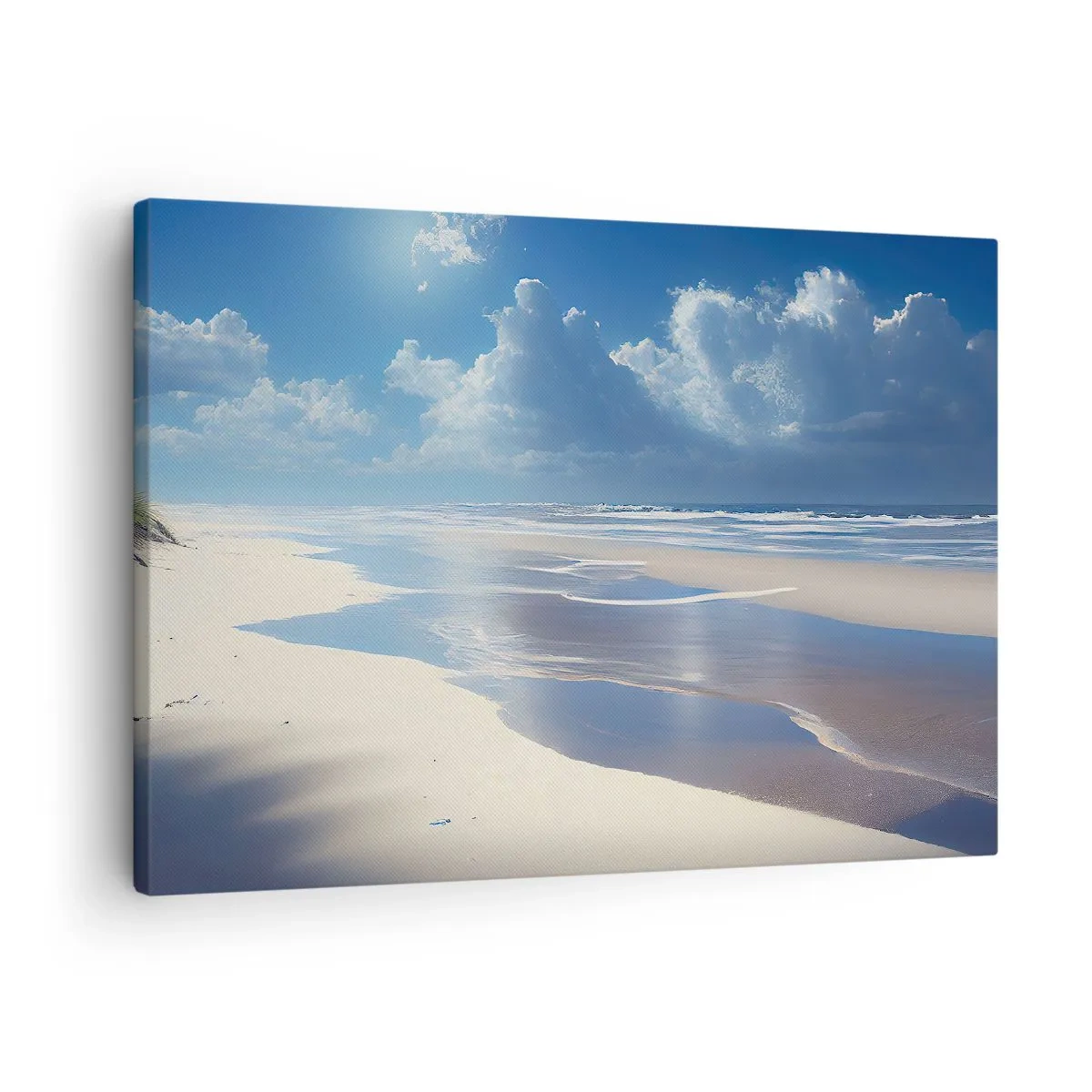 Lærredstryk - Billede på lærred - En sandstrand med bølger under en blå himmel - 70x50cm - Ferie i paradis - Moderne vægdekoration til stue og soveværelse ARTTOR