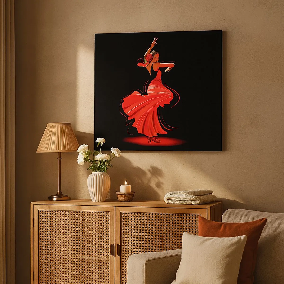 Lærredstryk - Billede på lærred - Flamencodanser i en rød kjole mod en sort baggrund - 70x50cm - Flamencoens brændende ånd - Moderne vægdekoration til stue og soveværelse ARTTOR